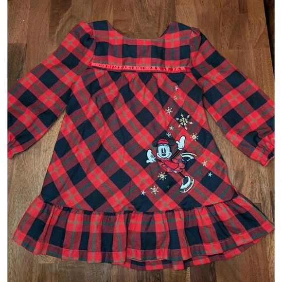 Disney Minnie Mouse Red Black Plaid Christmas Ruffled Dress LS Size 18M-2T Skate - Picture 4 of 8